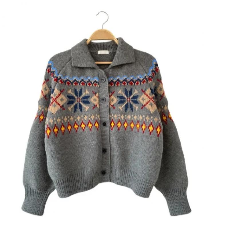 New Arrivals Open Run Women Wool Blend Snowflake Design Big Collar Knit Cardigan