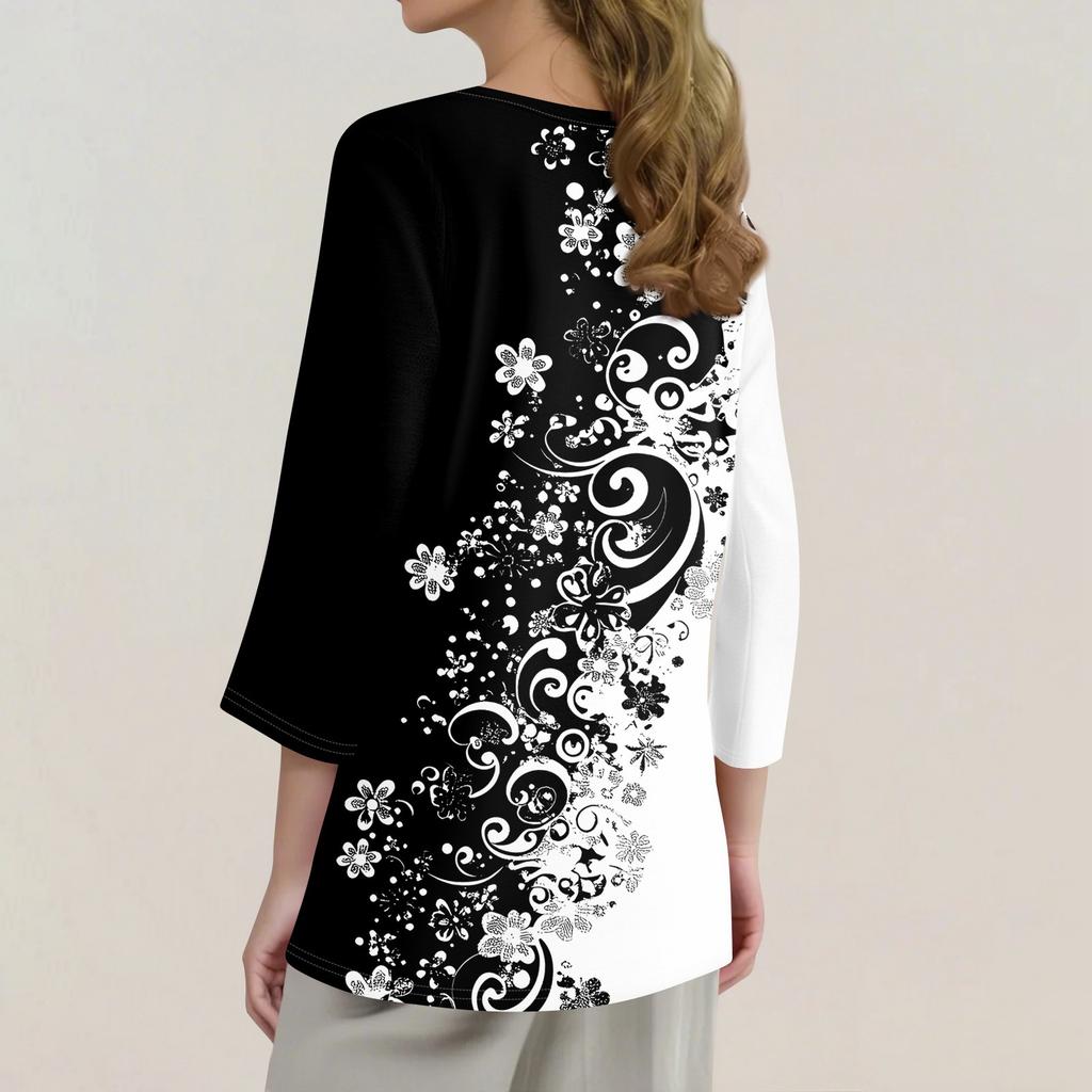 Жен. Футболка С принтом Пуговицы Рукав 3/4 Повседневные Выходные Мода Классический Классический V-образный вырез Обычный Верх