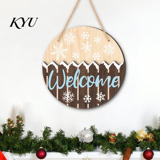 Rustic Entrance Hall Decor Round 2D Wooden Welcome Sign, Farmhouse Christmas Door Hanger with Rope, Deer Winter Porch Sign Tree Bird Wall Plaque