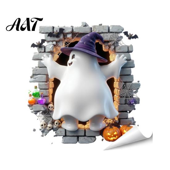 Spooky Skeleton Wall Decor Halloween Stickers, 3D Broken Effect with Ghost Pumpkin Bat Decals, Self-Adhesive No Residue Stickers Waterproof Mural for