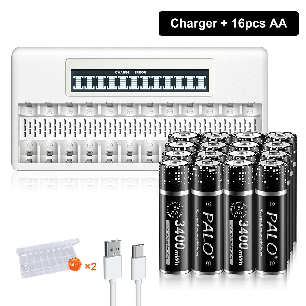 PALO 3400 МВтч, литий-ионная аккумуляторная батарея AA, 1,5 В, литиевые батарейки AA, 2A + 12 слотов, зарядное устройство для аккумуляторов AA, 1,5 В, AAA