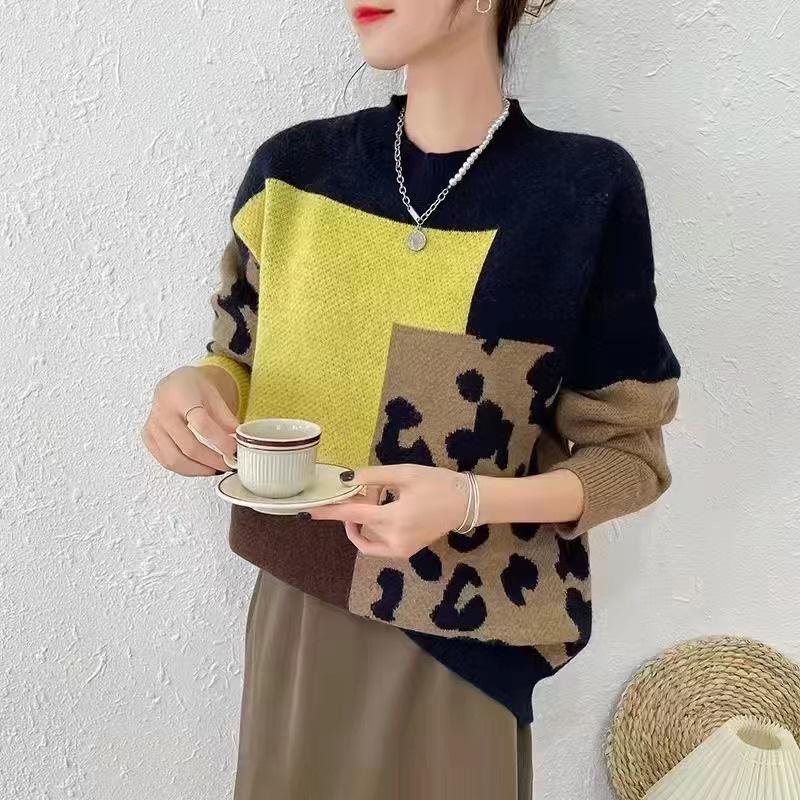 GMXIA Джемпер женский леопардовый принт осень и зима ретро свободная верхняя одежда ленивый ветер вязание темперамент пуловер топы