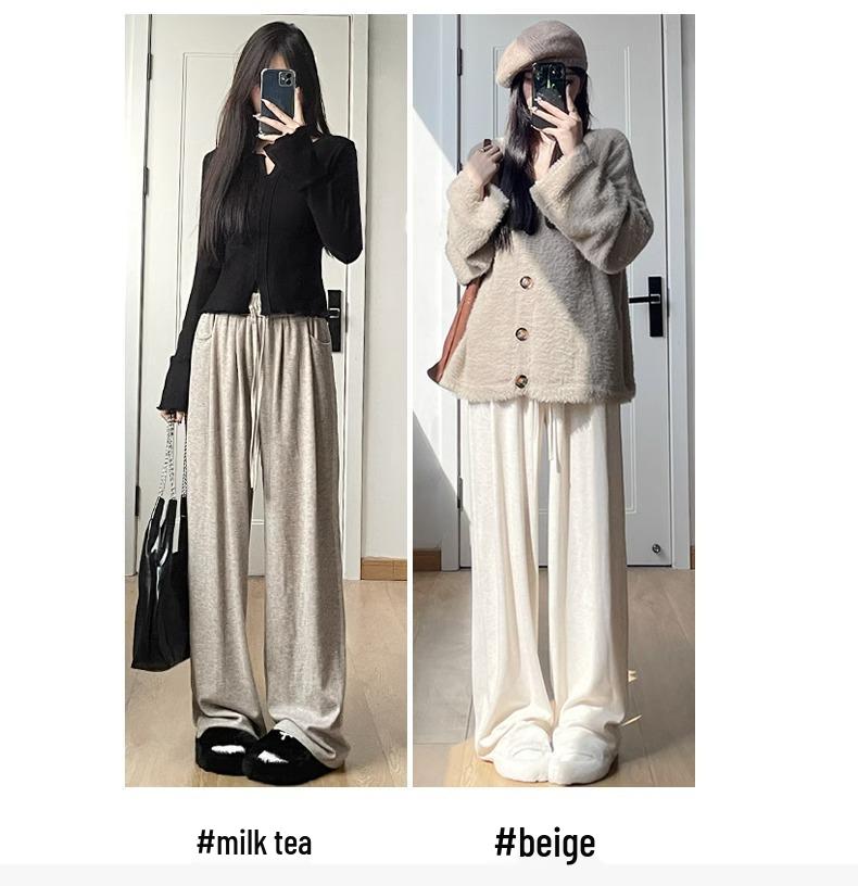 Женские трикотажные брюки с высокой талией и широкими штанинами Petite 145 - Весенне-осенние повседневные брюки свободного кроя с прямыми штанинами из клейкой рисовой ткани 150.