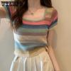 Y2K Knitted Tops Women Rainbow Stripes Tunic Tees Shirts Female Korean Summer Loose Casual T-Shirts