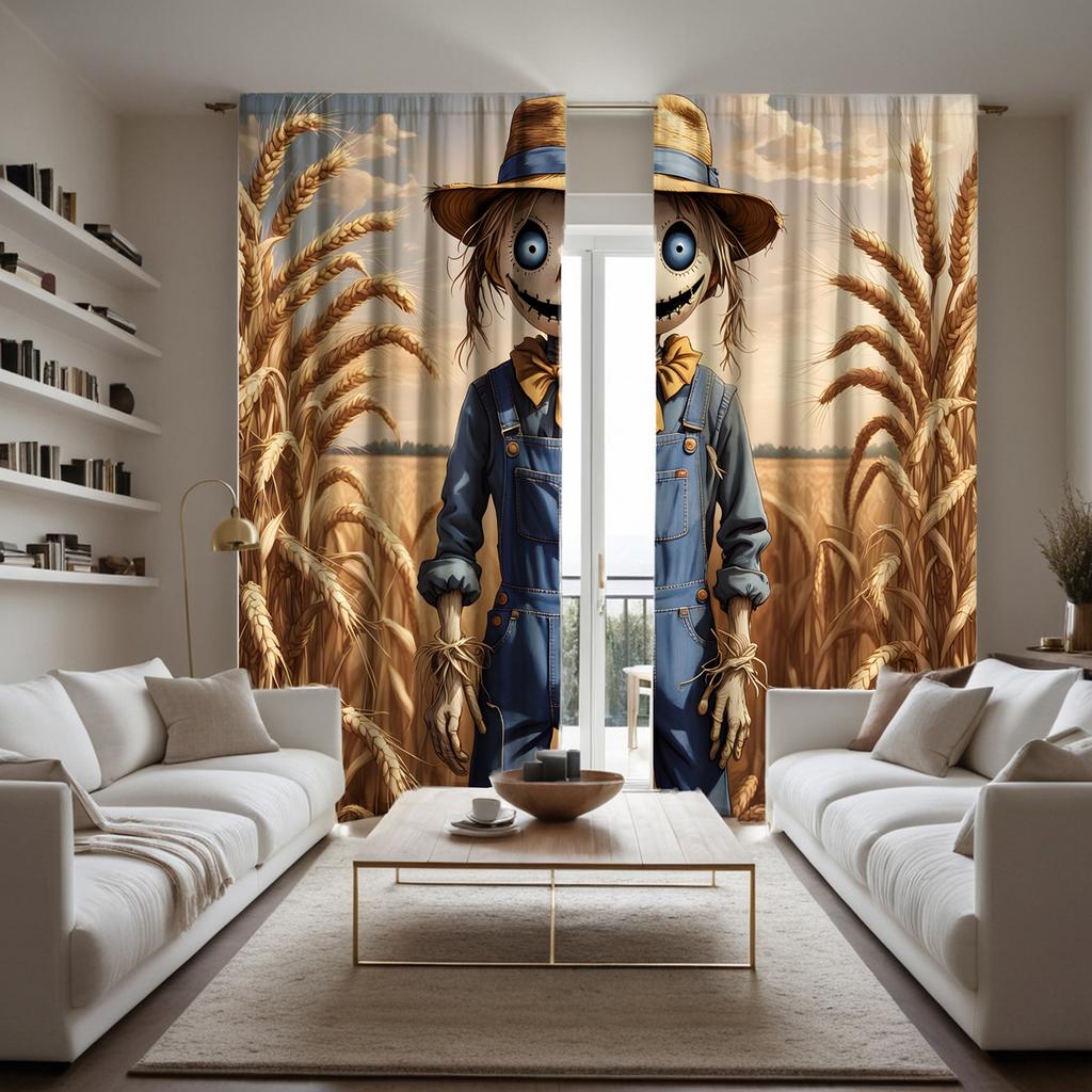 2 Pieces of HD Cornfield Scarecrow Curtains Yellow Tie Digital Printed Curtains Home Decoration Style Decoration Living Room Bed