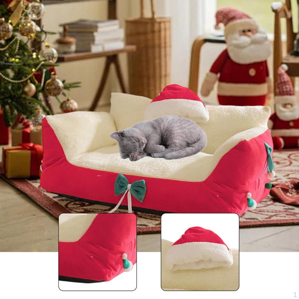 Cat Bed Sofa Pet Couch As Cute Furniture with Christmas Hat And Bows, Scratch-resistant