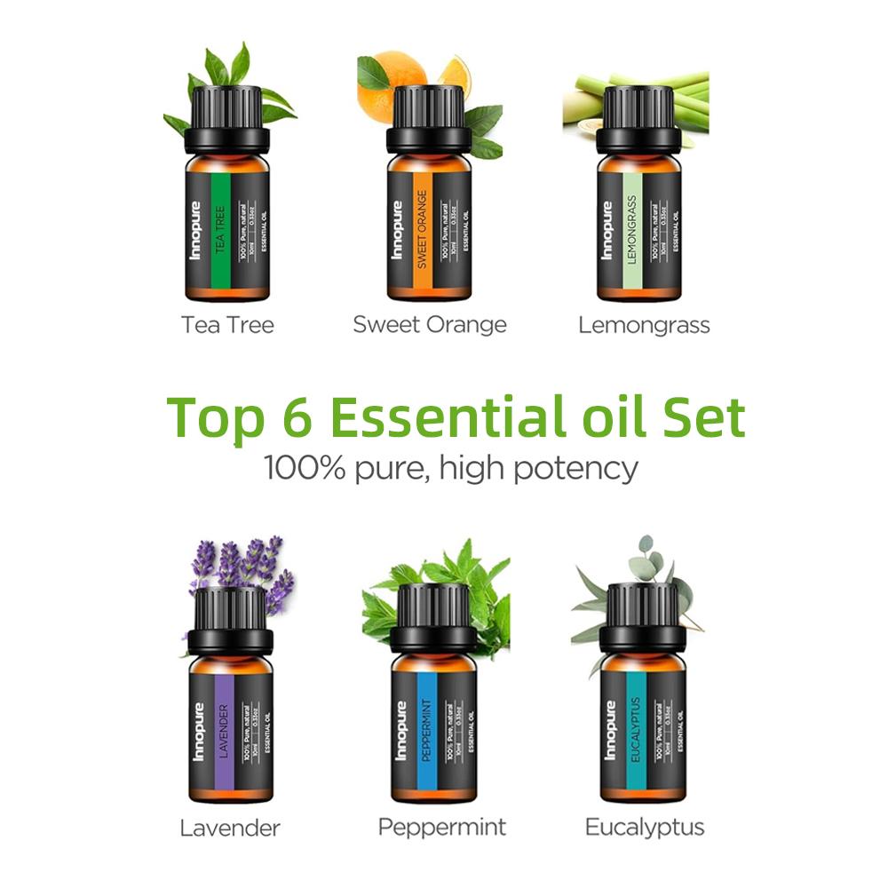 Аромадиффузор и набор из 6 эфирных масел, ультразвуковой диффузор объемом 550 мл, увлажнитель воздуха с холодным паром, 4 таймерами и 7 цветами подсветки.