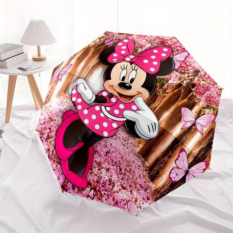 Minnie Mouse Cherry Blossom Themed Automatic Opening and Closing Folding Umbrella, Reinforced 8 Ribs, Compact Travel Design, Fashionable Fol