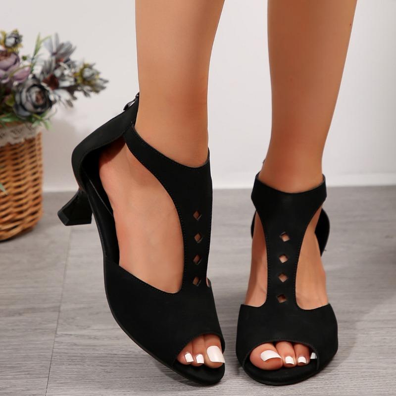 2024 New Women's High Quality Summer Women's Sandals Solid Color Roman Flocking Mid Heel Zipper Open Toe Beach Sandals for Women