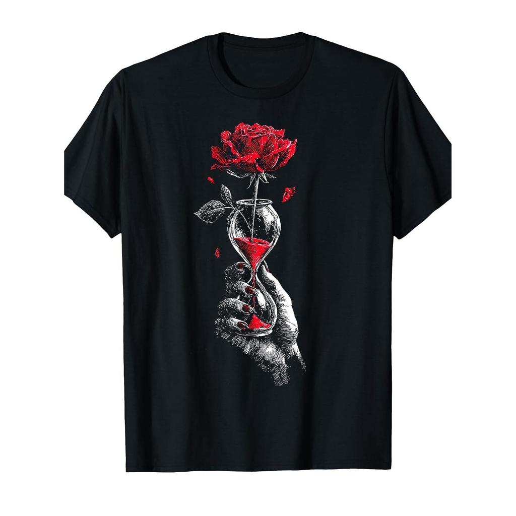 Gothic Skeleton Hand Hourglass Red Rose Dark Sketch Print T-Shirt Breathable Short Sleeve Round Neck Tee