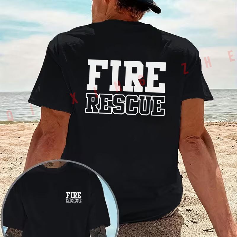 Fire Rescue Hero graphic motorcycle T-Shirt Cotton Double-Sided Print Men‘s Casual Short Sleeve