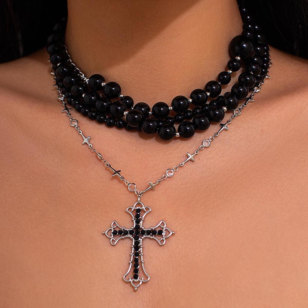 Dark Style Acrylic Beaded Necklace with Cross Pendant - All-Match European and American Fashion for Women