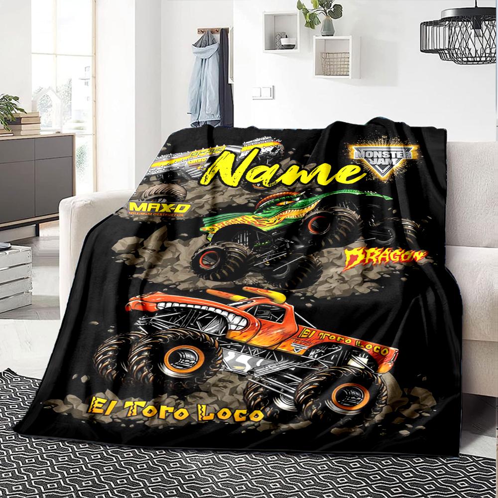 Custom Name Truck Theme Printed Blanket - Perfect for Couch, Bed, Travel & Outdoor Use | Machine Washable, Cozy & Durable.