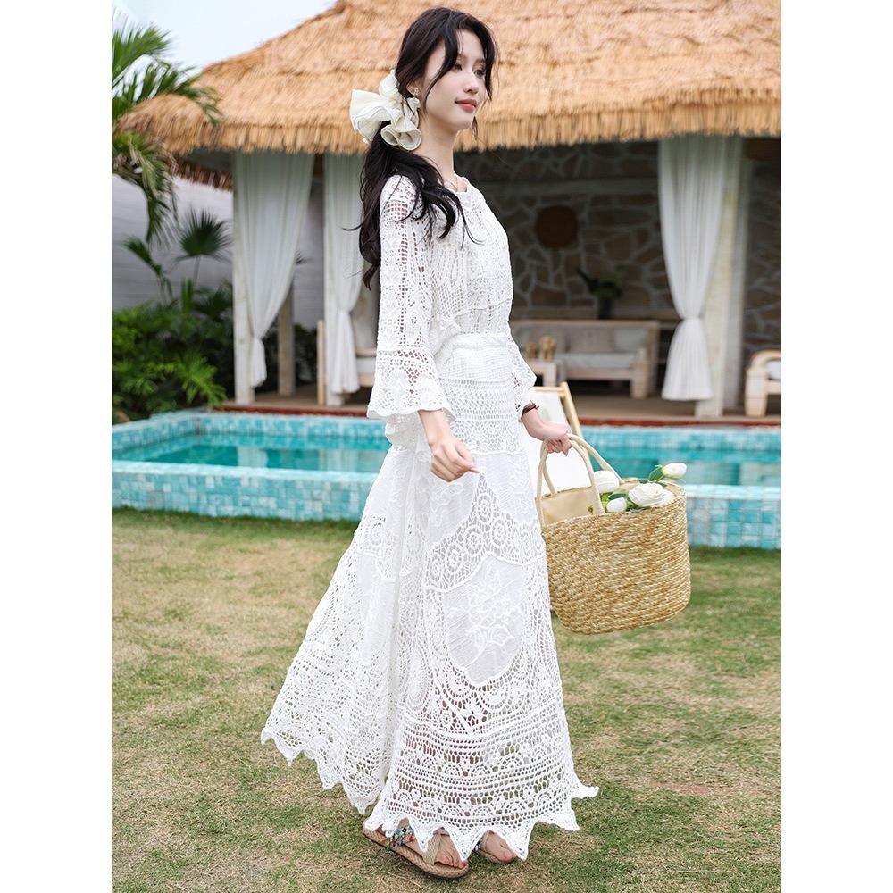 Dimanaf 2025 Женский новый костюм юбка вязаный пляжный короткий рукав кружевной ажурный сексуальный О-образный вырез ажурный летний стиль топы футболки свободные базовые