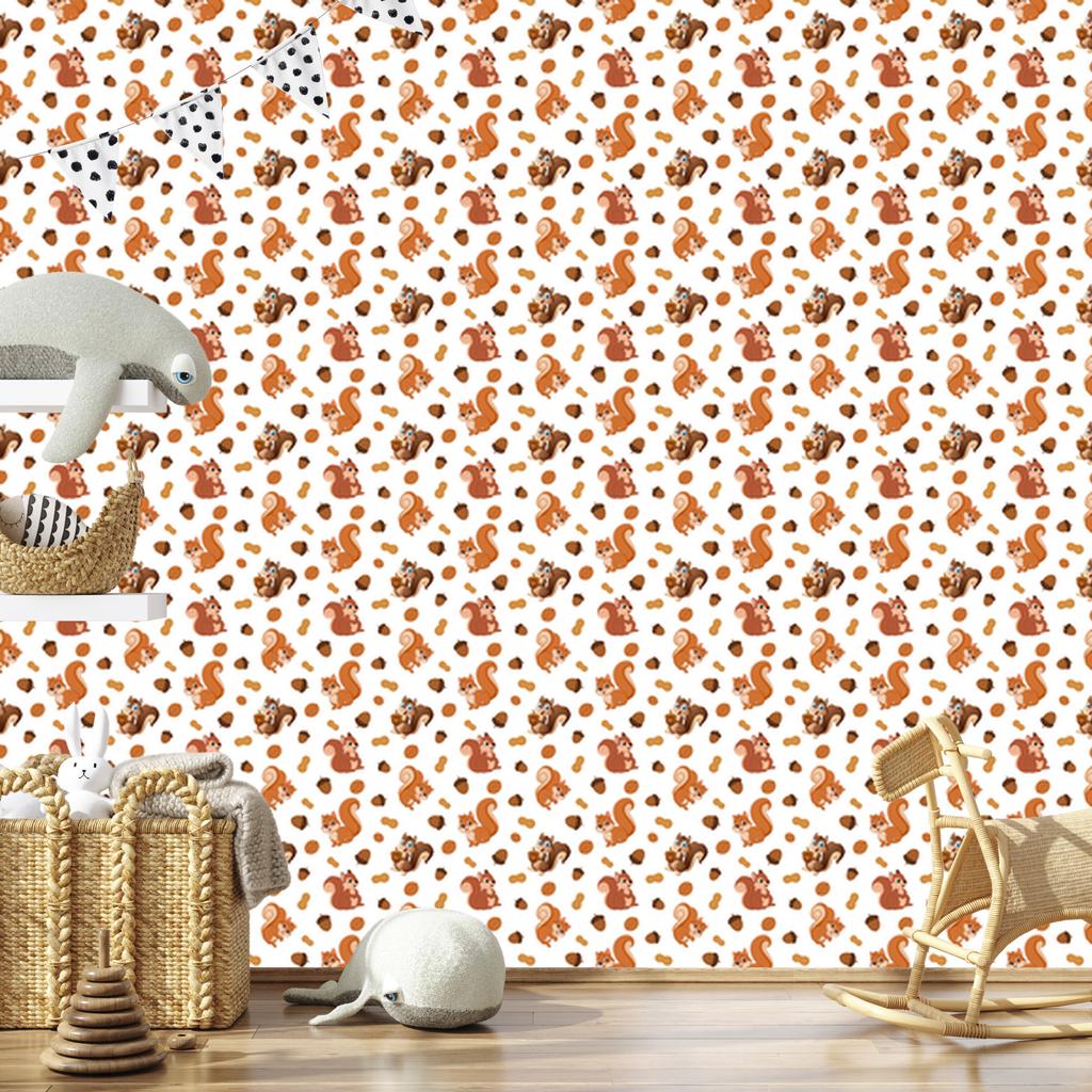 Squirrel Wallpaper White, Cream and Orange for Living Room and Bedroom 50x1000