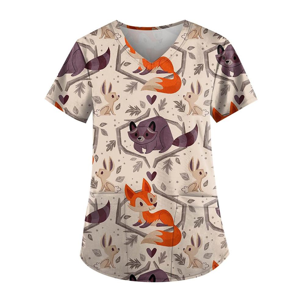 Женская одежда с мультяшным 3D-принтом и V-образным вырезом, женская рабочая одежда, топы с коротким рукавом и карманами, униформа для сиделок и медсестер