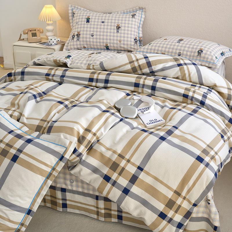 Свежий и простой четырехкомпонентный хлопковый комплект для общежития с принтом – Включает трехкомпонентный полностью хлопковый комплект постельного белья, юбку для кровати и комплект постельного белья.