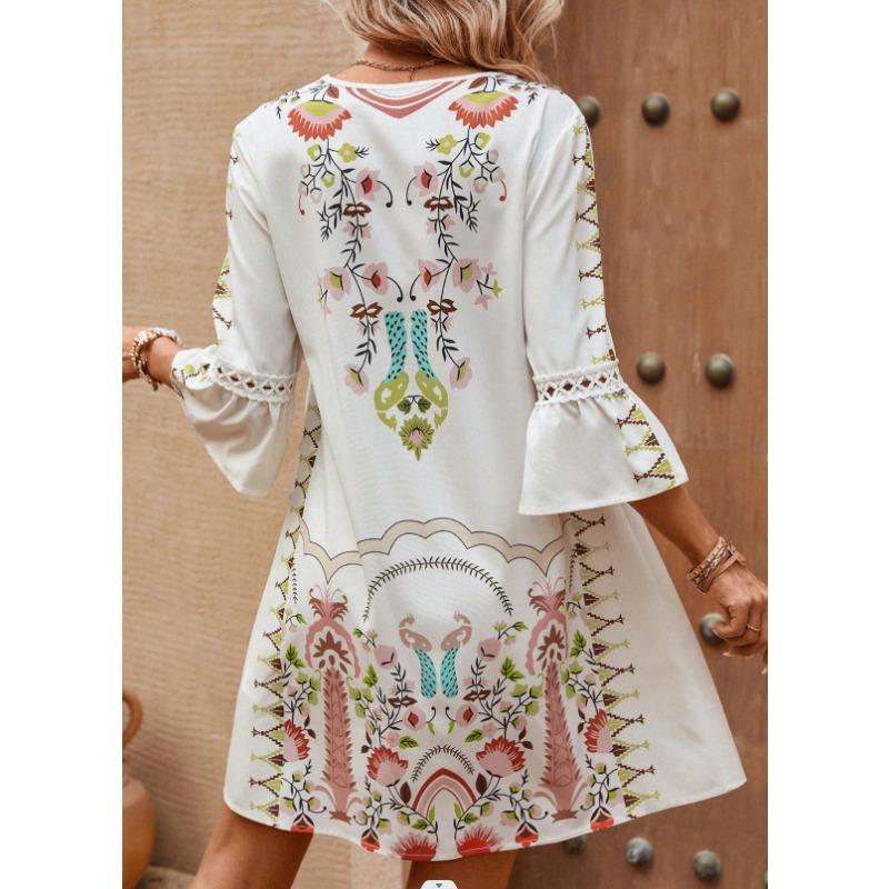 Женская мода лето весна рукава 3/4 V-образный вырез свободная талия повседневные платья