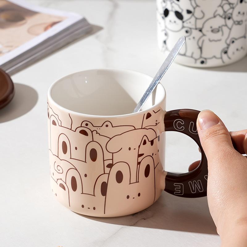Керамическая чашка с изображением животных из мультфильмов, с крышкой и ложкой, дорогая кружка для пары, костюм для девушки, чашка для воды, небольшой подарок