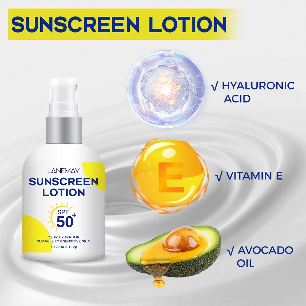 Солнцезащитный лосьон SPF 50 с витамином E - 72 часа увлажнения и осязания, водостойкий и нежирный солнцезащитный лосьон, 100 г