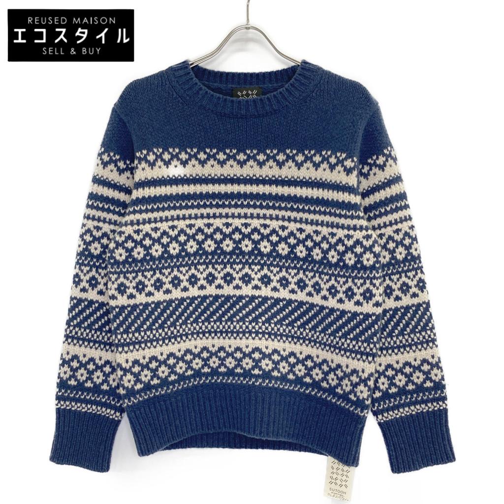 SUTOOH Blue STU-A22-KN06 Wool Cashmere Silk Jacquard Knit Tops 2 blueUsed