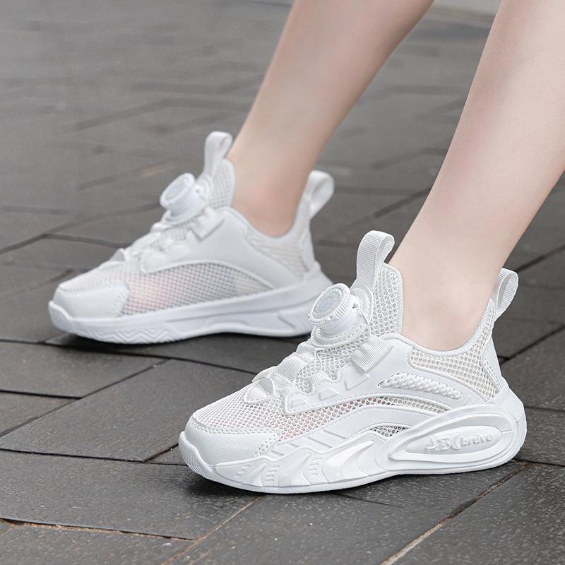 Single net children's shoes boys rotating buckle running shoes 2025 spring and summer mesh breathable non-slip soft sole girls sports shoes