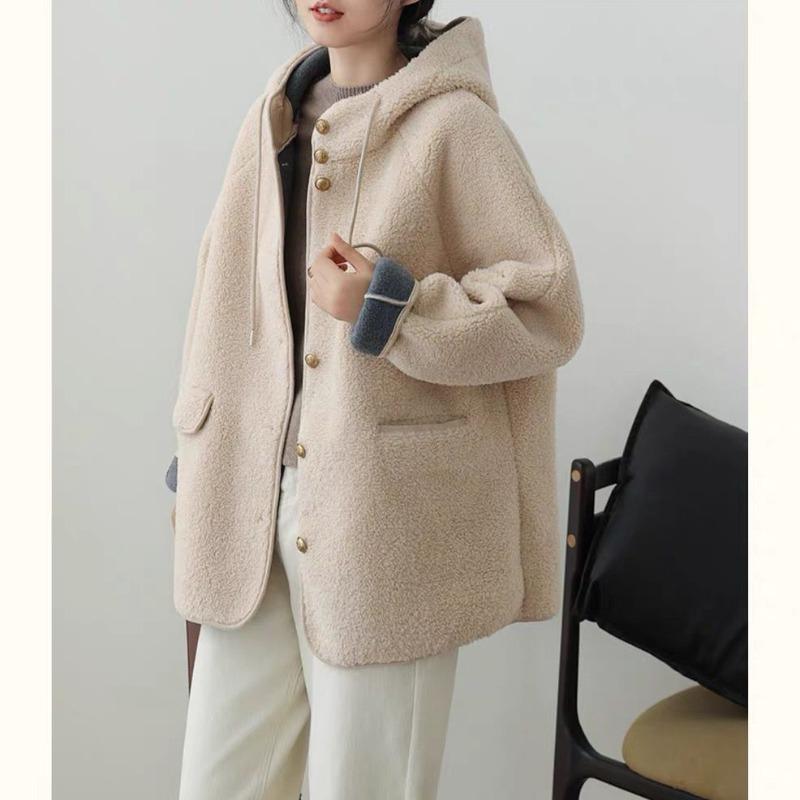Женские свободные куртки с капюшоном из овечьей шерсти, повседневные однобортные толстые пальто, зимнее теплое пальто с длинным рукавом из гранулированного бархата