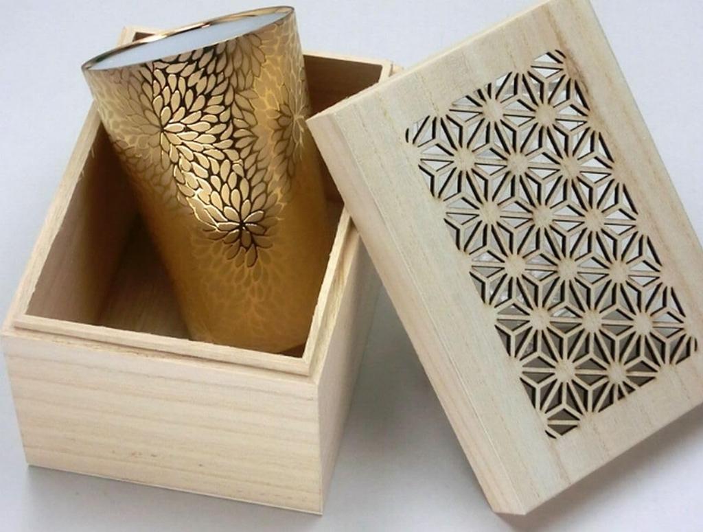 Transparent Chrysanthemum Wooden Made in Japan J-kitchens Ultra-Thin Tumbler, Gold, Design, Box, 370ml,