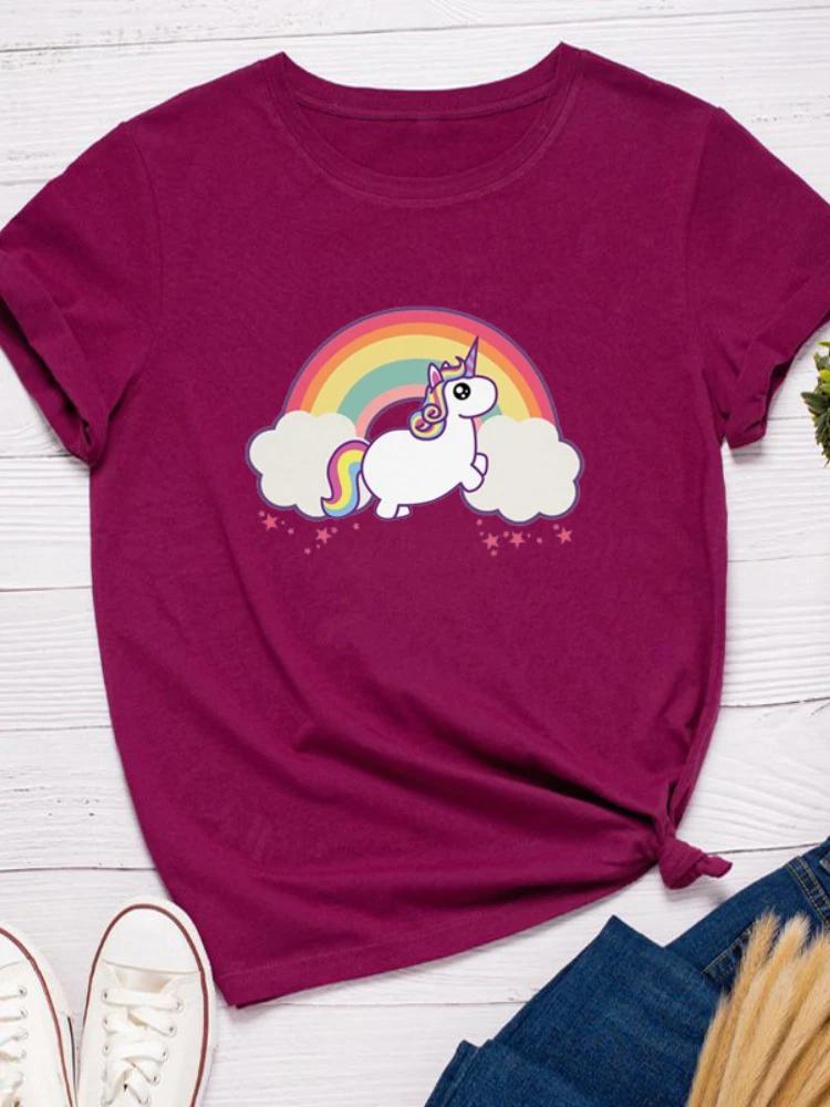 Радужный Единорог Принт Женская Футболка Короткий Рукав O Шея Свободная Женская Футболка Женская Футболка Топы Одежда Camisetas Mujer