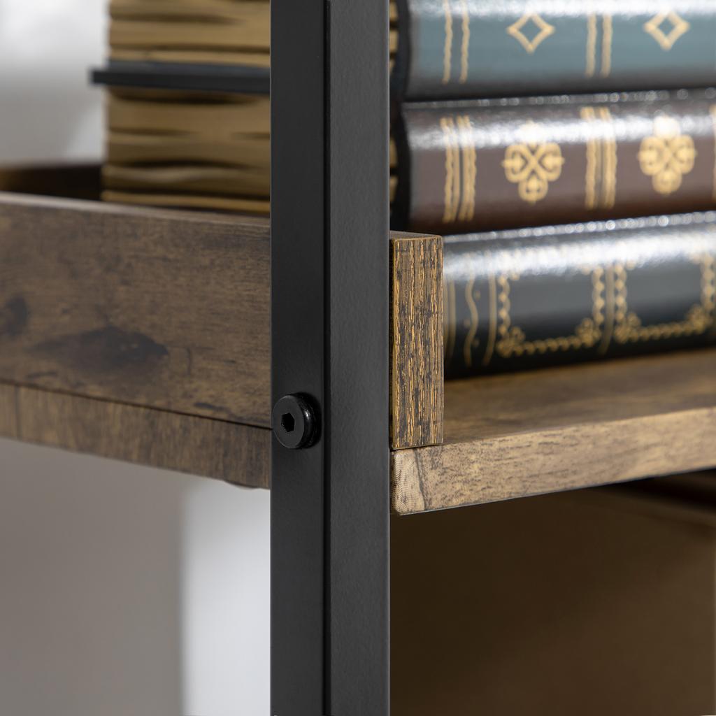 Industrial Style 5-Shelf Bookcase in Wood and Metal, 48x30x155cm, Rustic Brown