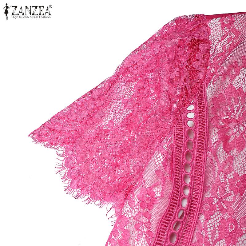 ZANZEA Women Casual Round Neck Short Sleeve Summer Lace Patchwork Dress