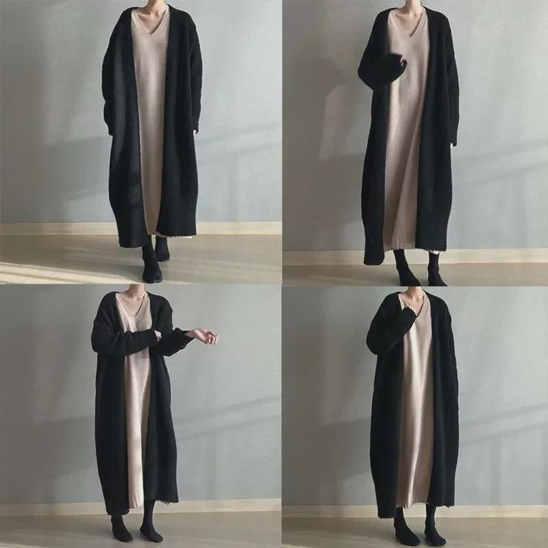 Корейский шикарный вязаный кардиган средней длины с разрезом на шнуровке - женский свитер-пальто на осень/зиму