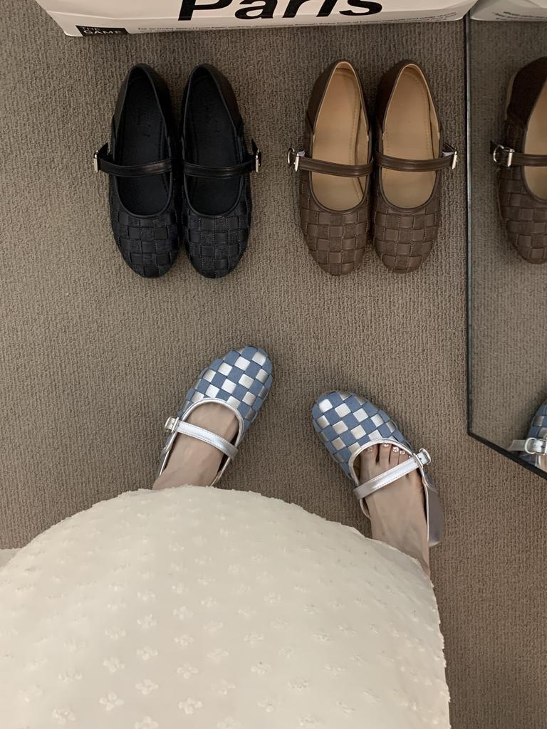 Женская обувь с ремешком и пряжкой, женские балетки, туфли Мэри Джейн, новинка 2025 года, плетеные, с мелким вырезом, женские балетки, обувь для ходьбы