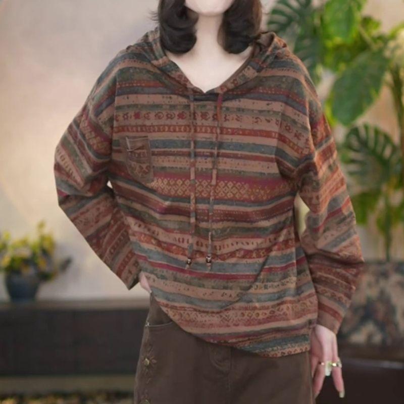 Осенне-зимняя мода Ретро Свободный Повседневный Универсальный Худи с принтом с длинным рукавом Женские топы