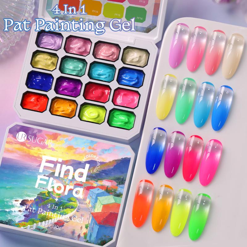 UR SUGAR 4 in 1 16 Colors Pat Painting Gel For Gradient Stamping Drawing Pattern UV/LED Gradient Patting Gel Palette