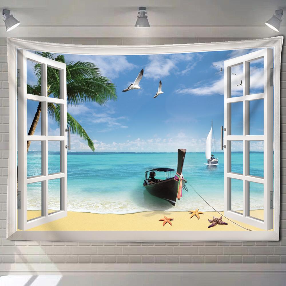Beautiful Beach Scenery Window Painting Tapestry Wall Hanging Art Background Home Decor Aesthetics Outdoor Garden Poster