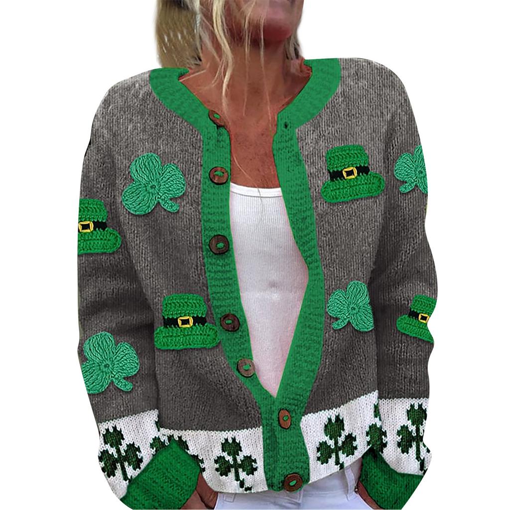 Женская мода ул.. Вязаный кардиган с длинными рукавами и принтом Патрика на пуговицах