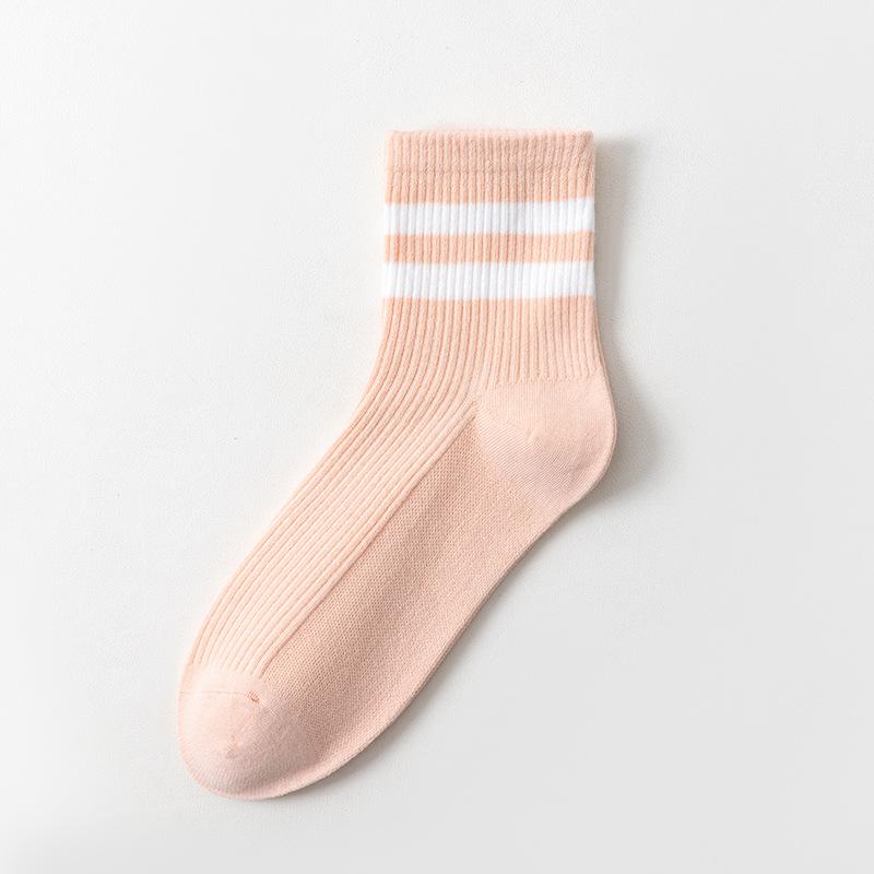 Women's Solid-color Cotton Socks, Mid-calf Socks, Breathable, Antibacterial, Deodorizing Striped, Versatile Sports Women's Socks