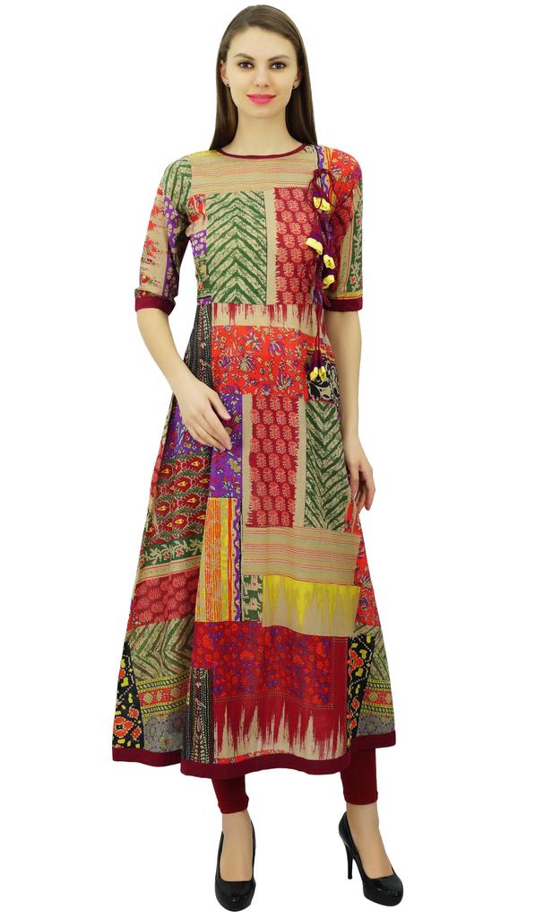 Phagun Длинное платье-трапеция из хлопка с принтом, расклешенная туника-курта