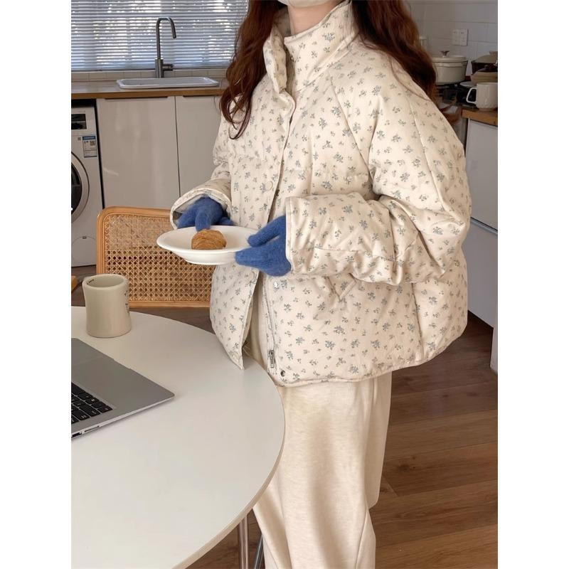 Circle Shaped Cooky Sweet Milk Fur Korean Style Small Floral Stand Up Collar Short Down Jacket Loose Bread Jacket for Women