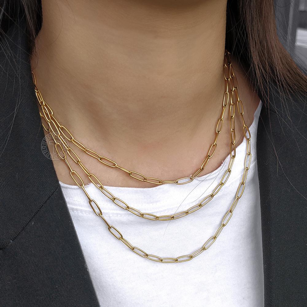 3-5MM Paperclip Chain Necklaces for Women Mens Silver/Gold Color Stainless Steel Cable Link Chain Gold Tone Choker Birthday Gifts