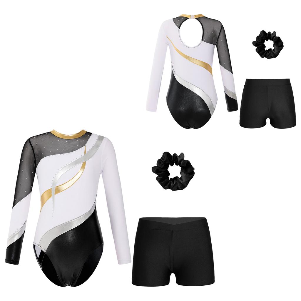 Девочки Дети Блестки Металлический Гимнастический Купальник с Шортами Танцевальный Комбинезон Бикетард Одежда Для Танцев