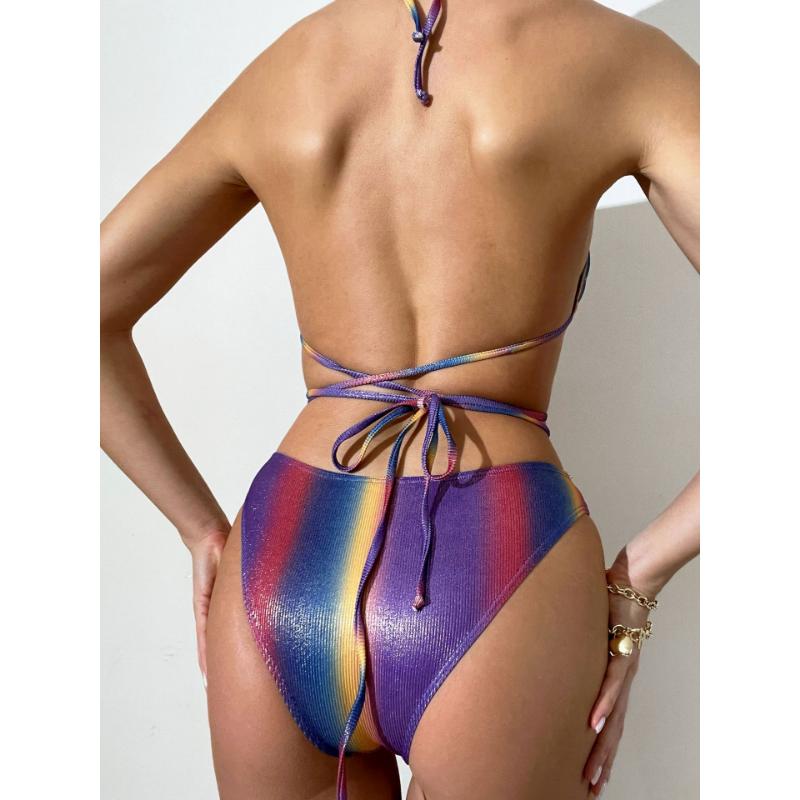 Sexy Swimsuit Women's Summer Gradient Color Bikini Three-piece Lace-up Bandage Monokini Beach Wear Hollow Out