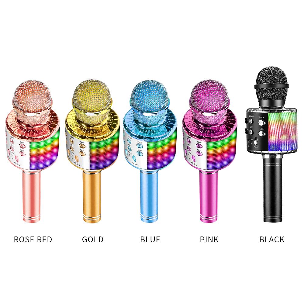 Portable Wirelessly BT Microphone with controllable LEDs Lights 3 in 1 Multifunctional Handheld KTV Mic Speaker Machine Gifts for Kids Singing Toy