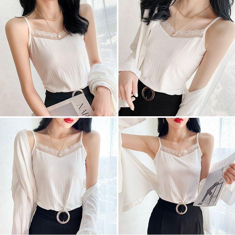 Threaded Tank Top Women Suspender Vest Female Lace Trim Sleeveless Top Elastic Bottom Shirt Casual Solid Color Top