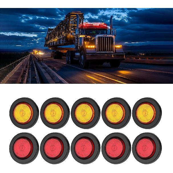 10PCS 2" Trailer Marker Lights,9 LED Round Side Marker Clearance Lights With Rubber Grommets & 2 Prong Wire Pigtails,Waterproof Trailer Lights Kit