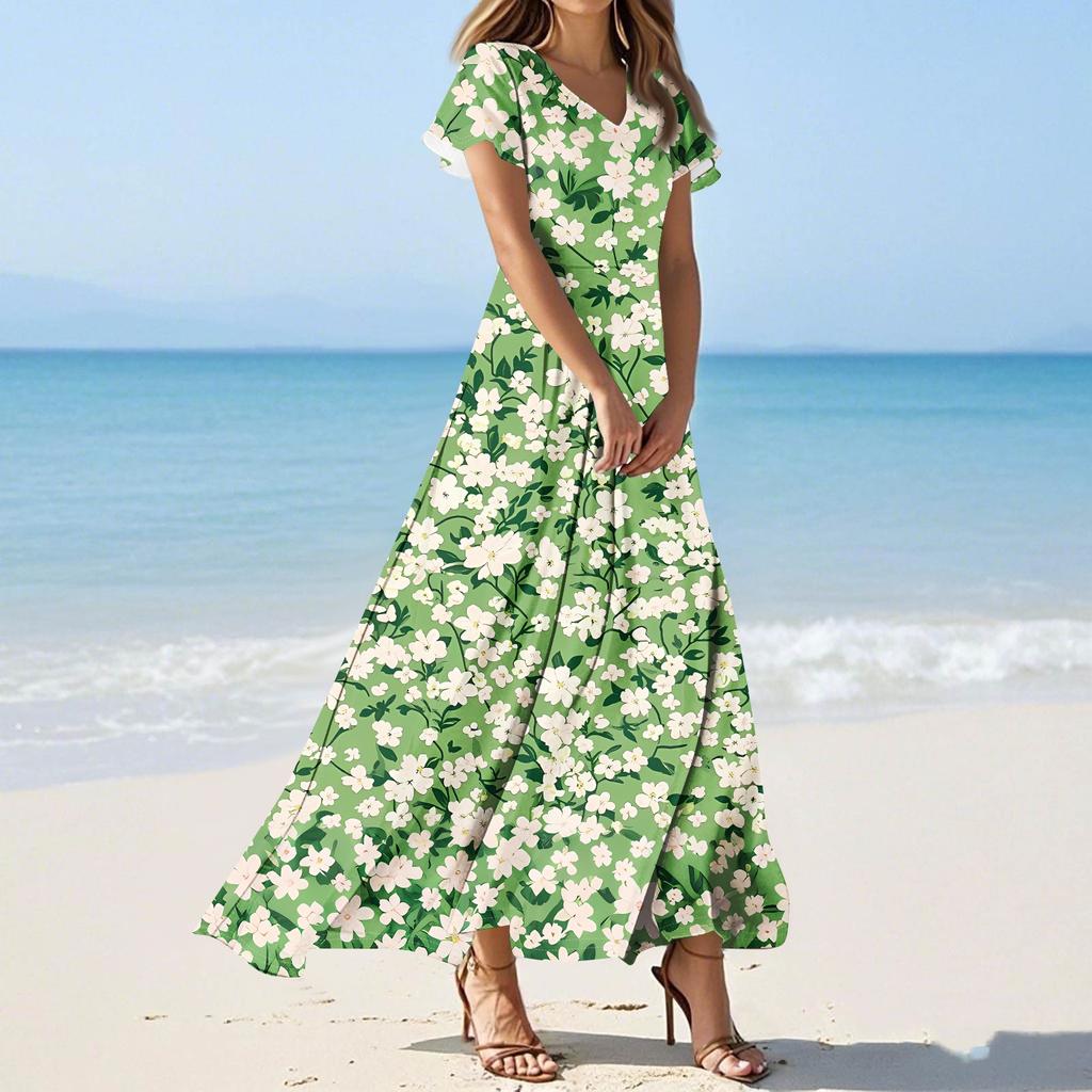 Женские повседневные модные длинные платья с принтом, платья с V-образным вырезом и коротким рукавом