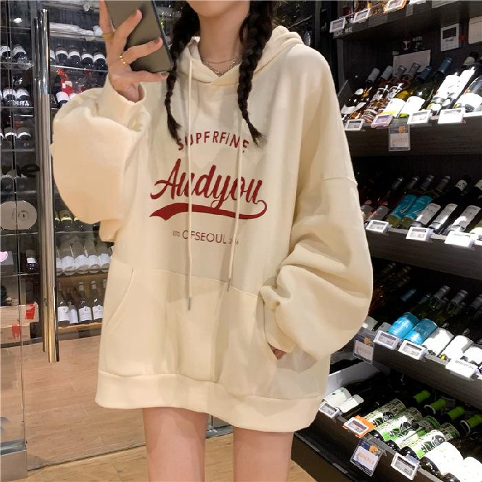 Утепленный Даже Кепка Свитер Толстовка с капюшоном Женская Осень и Зима Свободная с принтом букв Студенческая куртка Топ с длинным рукавом Ретро Универсальная толстовка