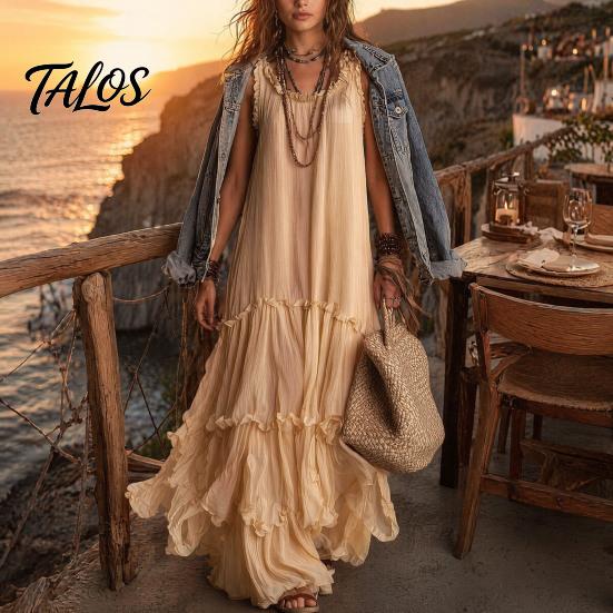 Летнее многоярусное платье-трапеция с оборками Talos для женщин, Бохо пляжное струящееся макси-сарафан, Без рукавов, А-силуэт, Свободное, Длинное