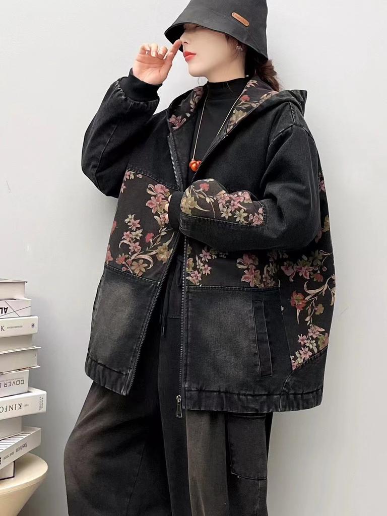2025 Autumn New Product Splicing Printing Outer Loose Version Positive Denim Zipper Hooded Jacket Women's Top